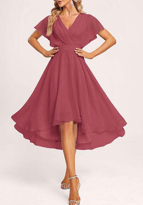 Cinnamon Rose A-line V-Neck Asymmetrical Georgette Gown