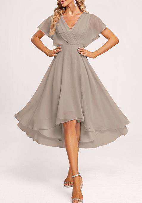 Grey A-line V-Neck Asymmetrical Georgette Gown