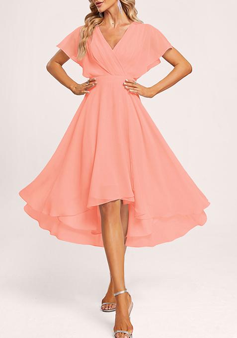 Coral A-line V-Neck Asymmetrical Georgette Gown