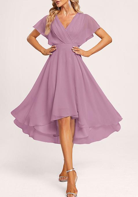 Mauve A-line V-Neck Asymmetrical Georgette Gown