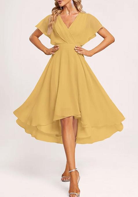 Golden A-line V-Neck Asymmetrical Georgette Gown