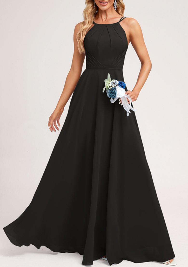 Black A-line Halter Neck Chiffon Gown