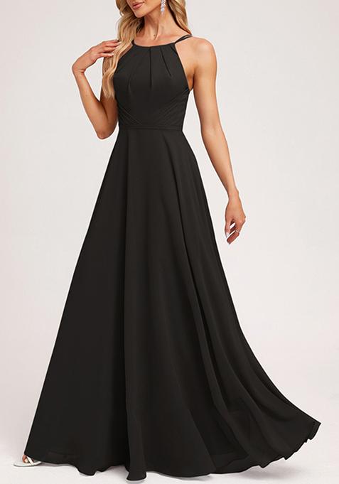 Black A-line Halter Neck Chiffon Gown