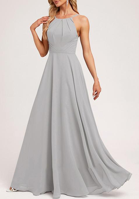 Silver A-line Halter Neck Chiffon Gown