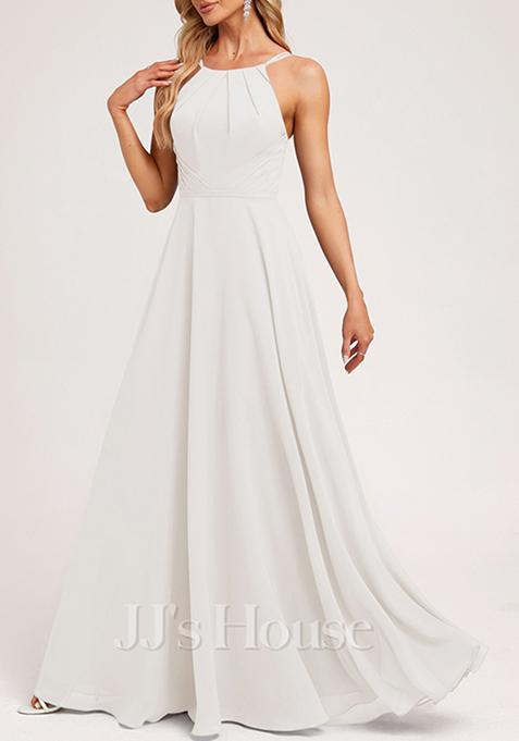 Ivory A-line Halter Neck Chiffon Gown