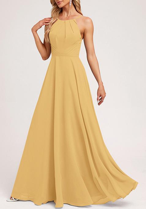 Yellow A-line Halter Neck Chiffon Gown