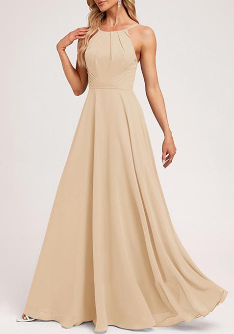 Beige A-line Halter Neck Chiffon Gown