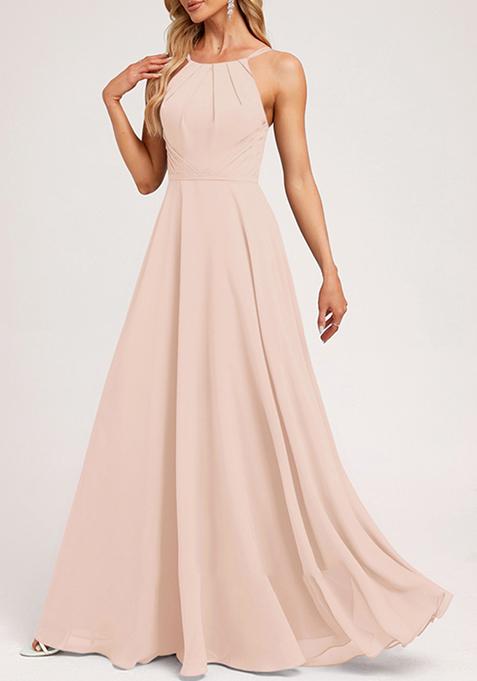 Blush Pink A-line Halter Neck Chiffon Gown