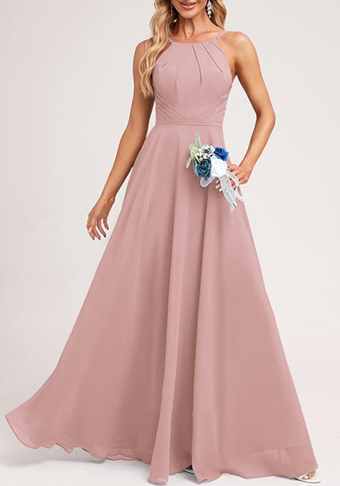 Dusty Rose A-line Halter Neck Chiffon Gown