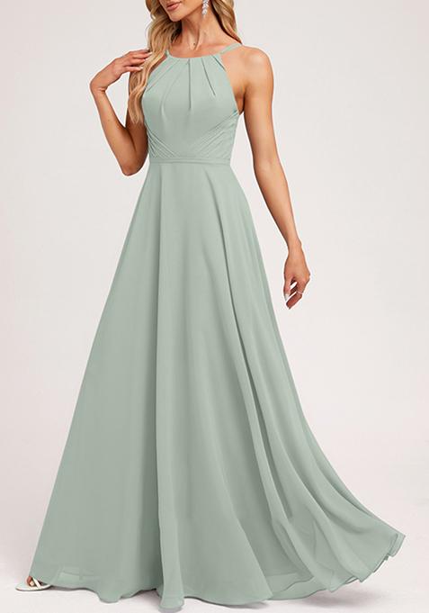 Green A-line Halter Neck Chiffon Gown