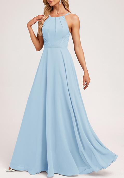 Sky Blue A-line Halter Neck Chiffon Gown