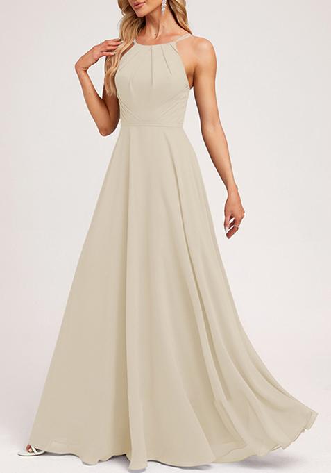 Grey A-line Halter Neck Chiffon Gown