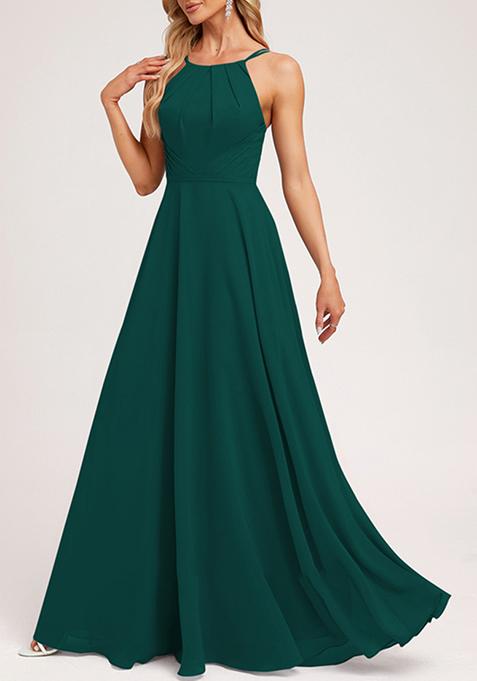 Emerald Green A-line Halter Neck Chiffon Gown