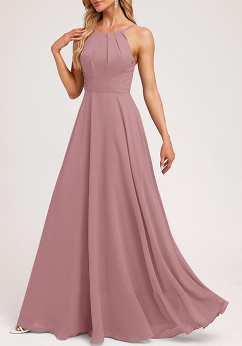 Vintage Mauve A-line Halter Neck Chiffon Gown