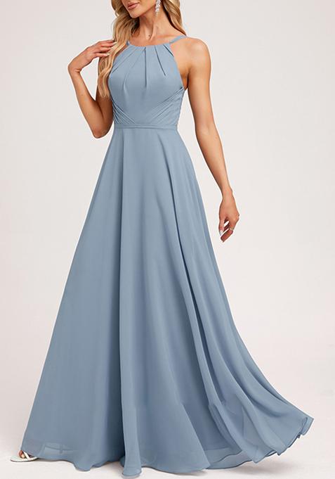 Dusty Blue A-line Halter Neck Chiffon Gown