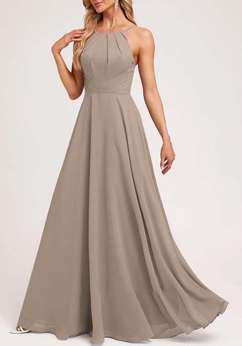 Grey A-line Halter Neck Chiffon Gown