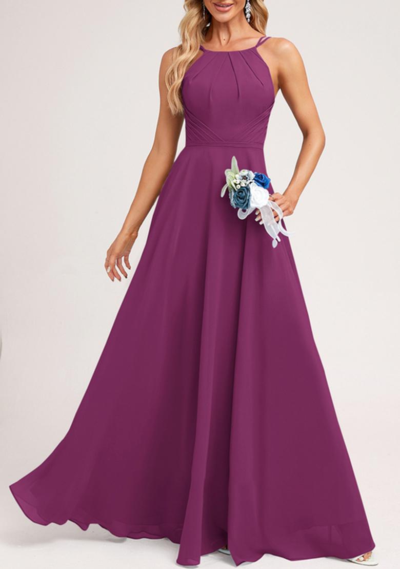 Purple A-line Halter Neck Chiffon Gown