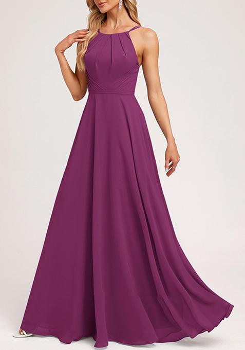 Purple A-line Halter Neck Chiffon Gown