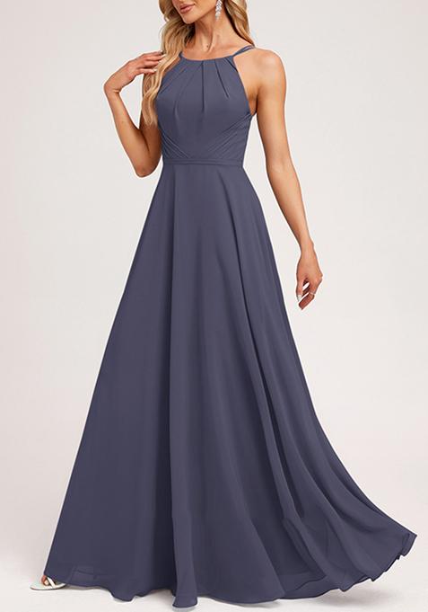 Dark Grey A-line Halter Neck Chiffon Gown