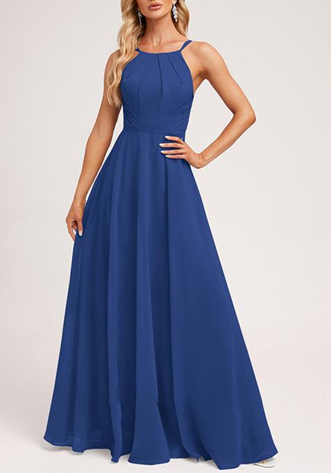 Royal Blue A-line Halter Neck Chiffon Gown