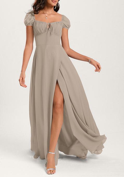 Grey Ruffled A-line Square Neck Chiffon Gown