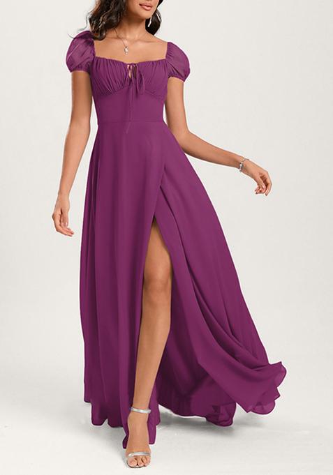 Purple Ruffled A-line Square Neck Chiffon Gown