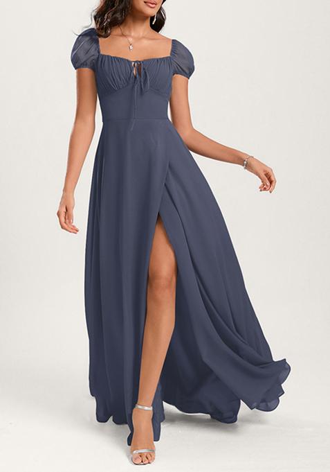 Dark Grey Ruffled A-line Square Neck Chiffon Gown