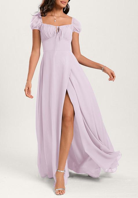 Dusty Lavender Ruffled A-line Square Neck Chiffon Gown