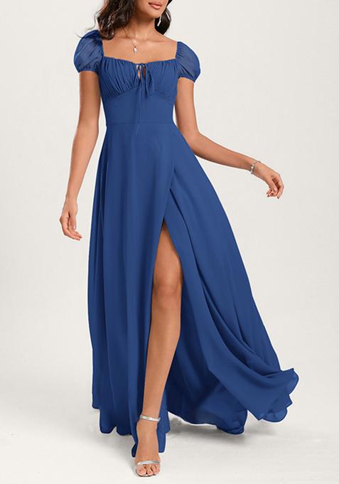 Royal Blue Ruffled A-line Square Neck Chiffon Gown