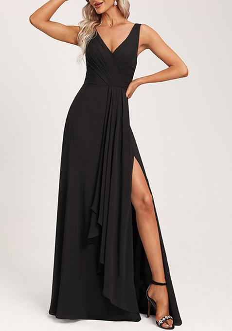 Black Ruffled A-line V-Neck Chiffon Gown