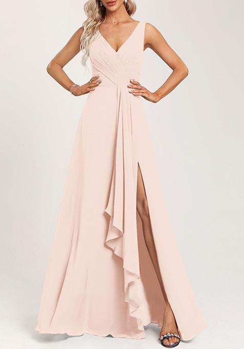 Blush Pink Ruffled A-line V-Neck Chiffon Gown