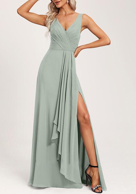 Green Ruffled A-line V-Neck Chiffon Gown