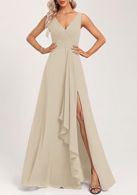 Grey Ruffled A-line V-Neck Chiffon Gown