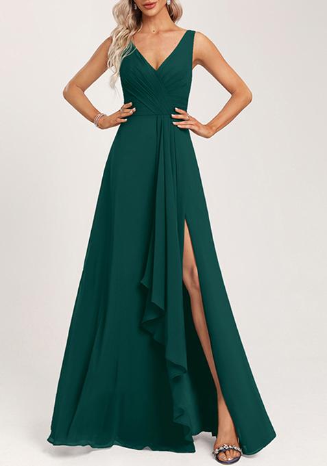 Emerald Green Ruffled A-line V-Neck Chiffon Gown