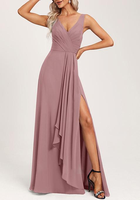 Vintage Mauve Ruffled A-line V-Neck Chiffon Gown