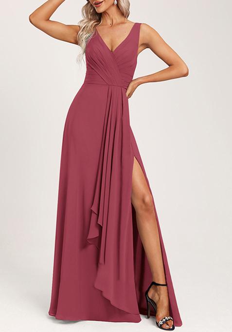 Cinnamon Rose Ruffled A-line V-Neck Chiffon Gown