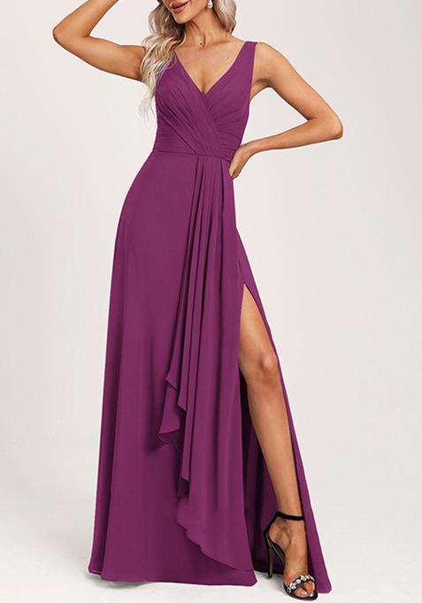 Purple Ruffled A-line V-Neck Chiffon Gown