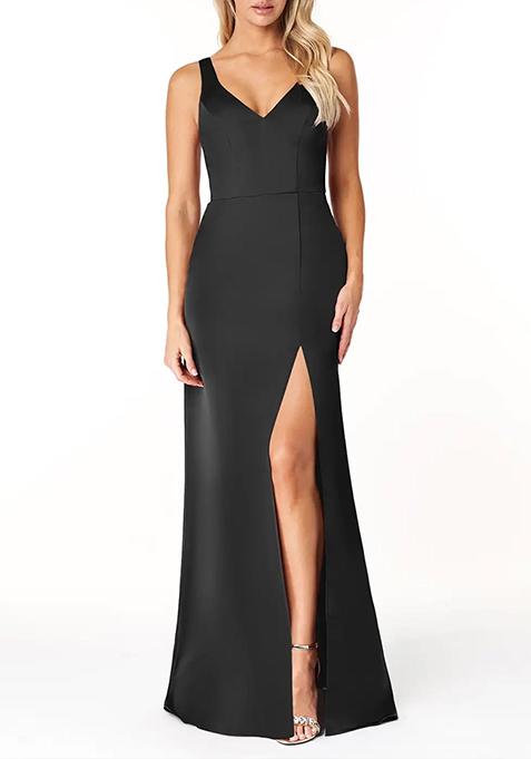 Black Fitted V-Neck Stretch Satin Gown