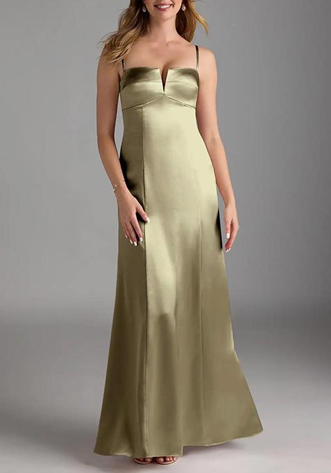 Moss Green Sheath V-Neck Stretch Satin Gown