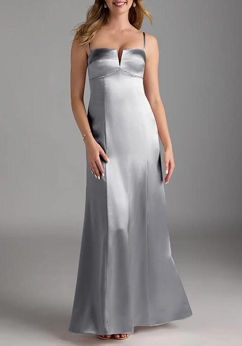 Silver Sheath V-Neck Stretch Satin Gown