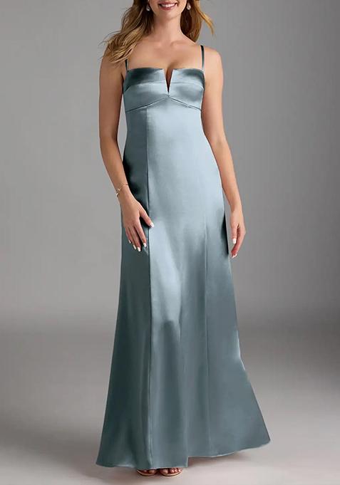 Dusty Blue Sheath V-Neck Stretch Satin Gown