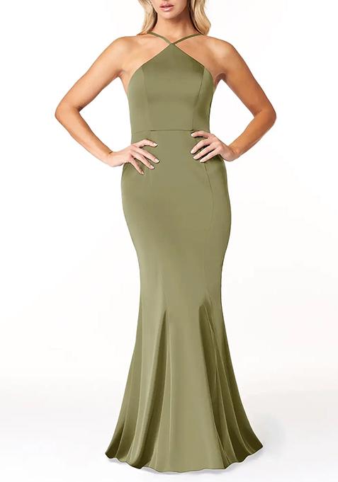 Light Green Fitted Halter Stretch Satin Gown