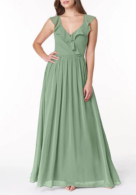 Light Green Flowy V-Neck Pleated Chiffon Gown