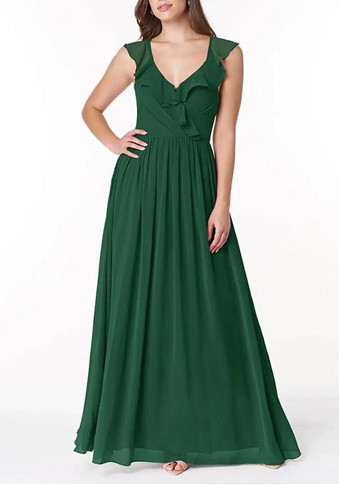 Dark Green Flowy V-Neck Pleated Chiffon Gown