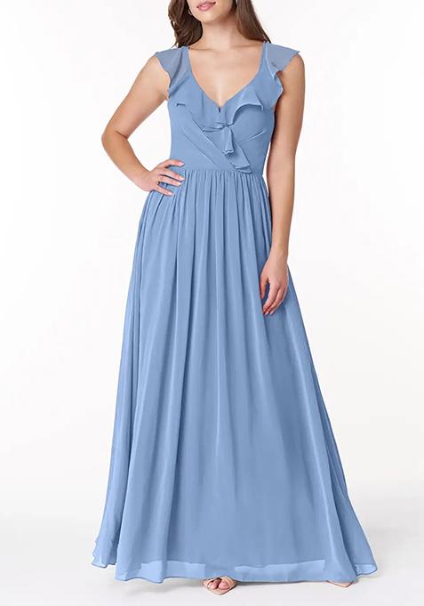 Steel Blue Flowy V-Neck Pleated Chiffon Gown