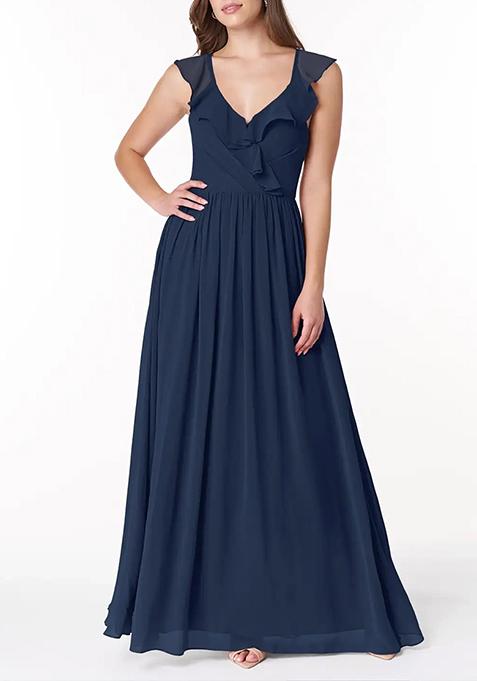 Dark Navy Flowy V-Neck Pleated Chiffon Gown