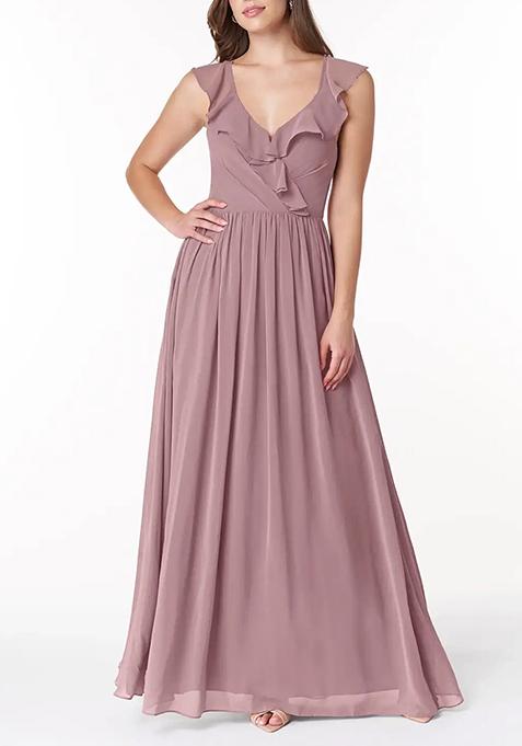 Dusty Rose Flowy V-Neck Pleated Chiffon Gown