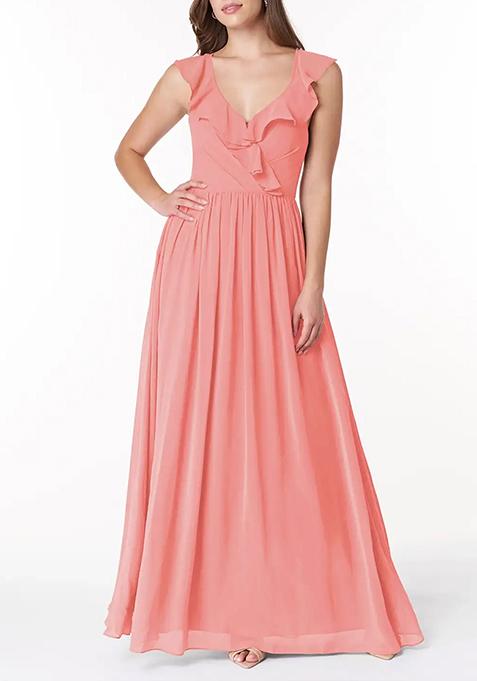 Coral Flowy V-Neck Pleated Chiffon Gown