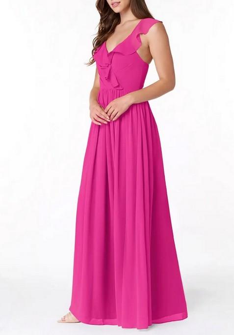 Fuchsia Flowy V-Neck Pleated Chiffon Gown