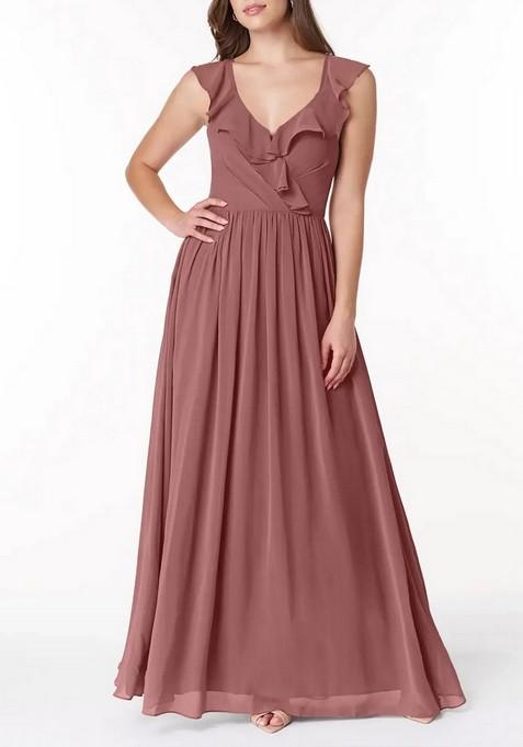 Desert Rose Flowy V-Neck Pleated Chiffon Gown